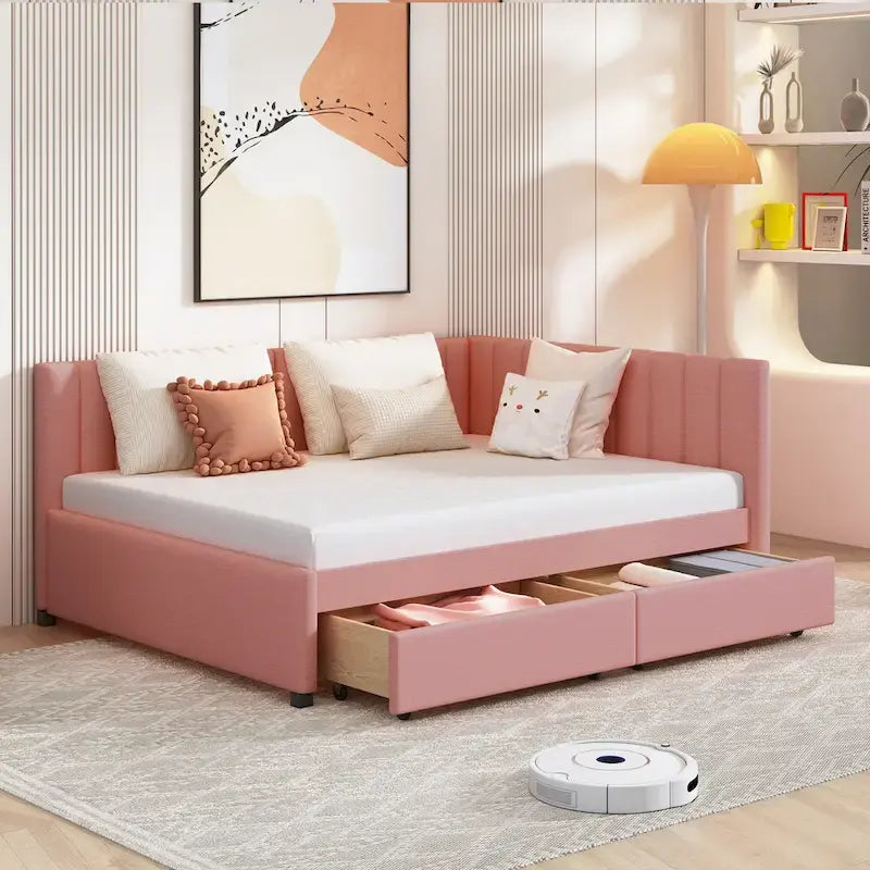 Full Size Upholstered Daybed with 2 Storage Drawers and Wood Slats, Linen Fabric