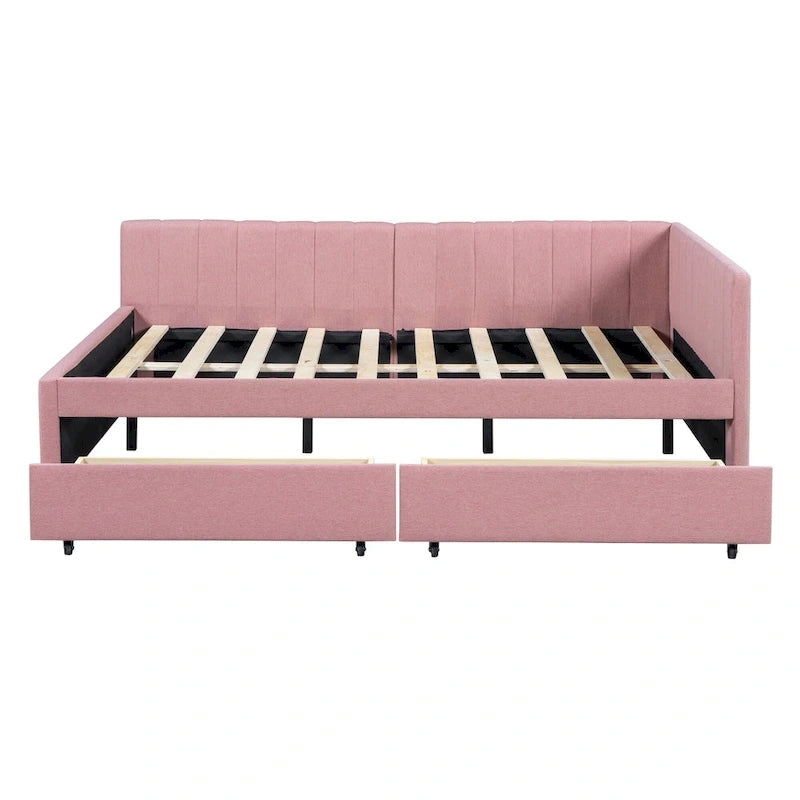 Full Size Upholstered Daybed with 2 Storage Drawers and Wood Slats, Linen Fabric