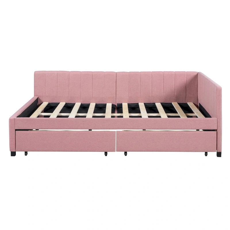 Full Size Upholstered Daybed with 2 Storage Drawers and Wood Slats, Linen Fabric