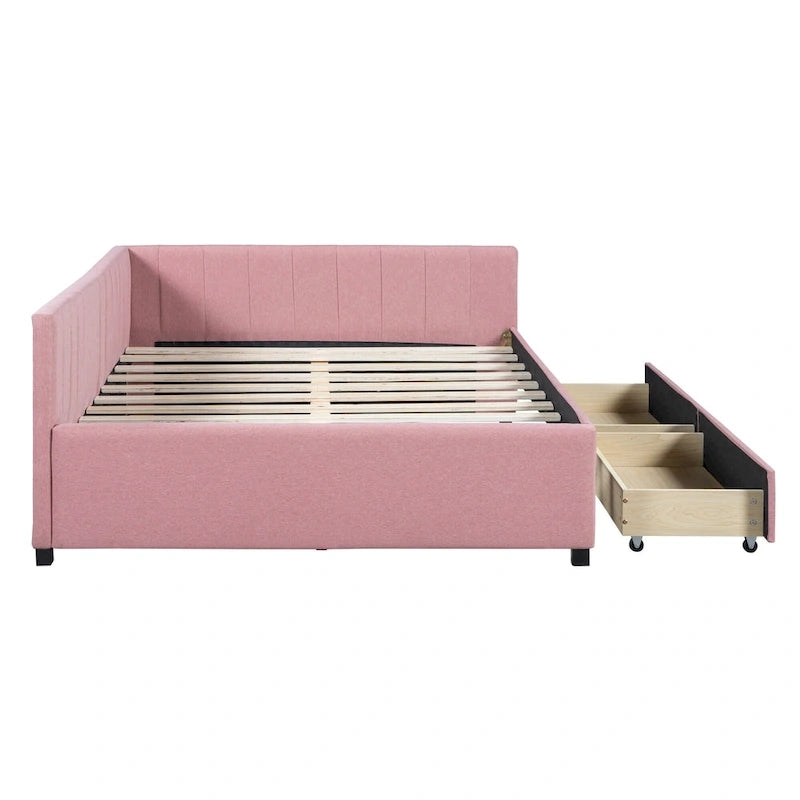 Full Size Upholstered Daybed with 2 Storage Drawers and Wood Slats, Linen Fabric