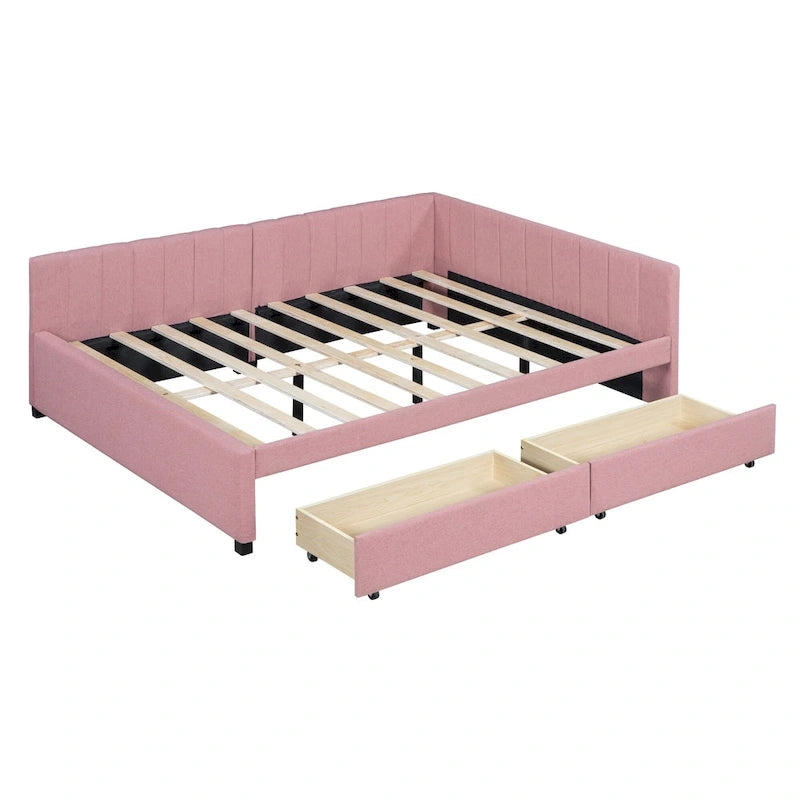 Full Size Upholstered Daybed with 2 Storage Drawers and Wood Slats, Linen Fabric