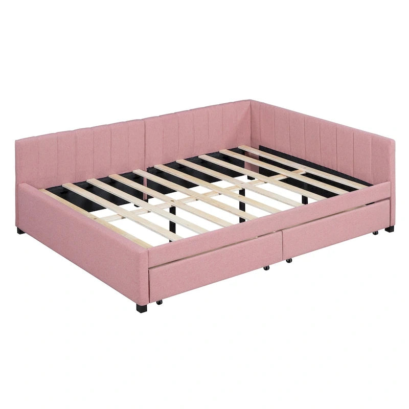 Full Size Upholstered Daybed with 2 Storage Drawers and Wood Slats, Linen Fabric