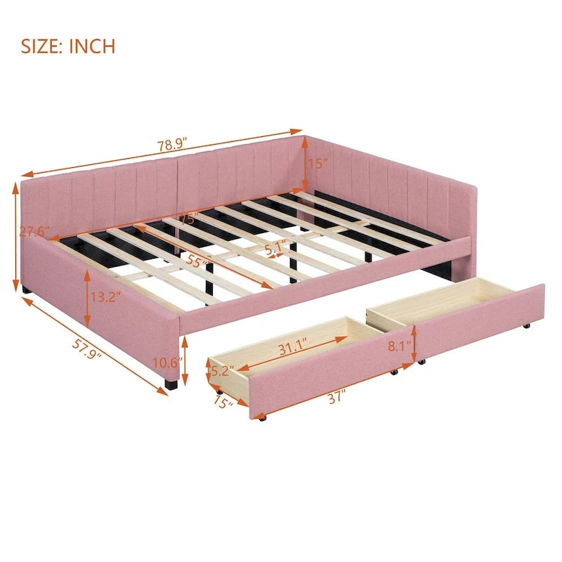 Full Size Upholstered Daybed with 2 Storage Drawers and Wood Slats, Linen Fabric
