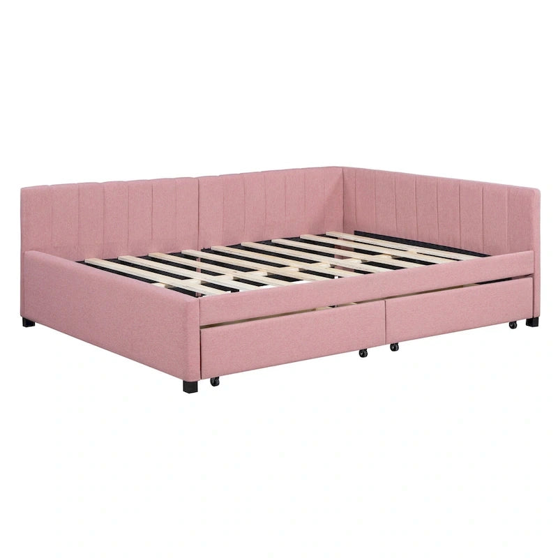 Full Size Upholstered Daybed with 2 Storage Drawers and Wood Slats, Linen Fabric