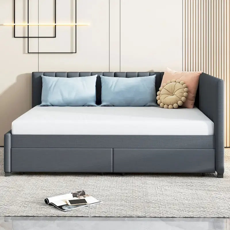 Full Size Upholstered Daybed with 2 Storage Drawers and Wood Slats, Linen Fabric