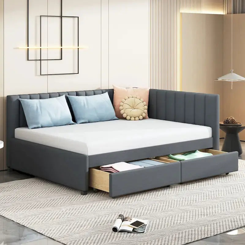 Full Size Upholstered Daybed with 2 Storage Drawers and Wood Slats, Linen Fabric