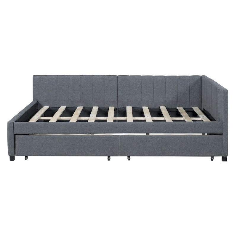 Full Size Upholstered Daybed with 2 Storage Drawers and Wood Slats, Linen Fabric