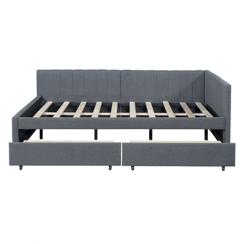 Full Size Upholstered Daybed with 2 Storage Drawers and Wood Slats, Linen Fabric