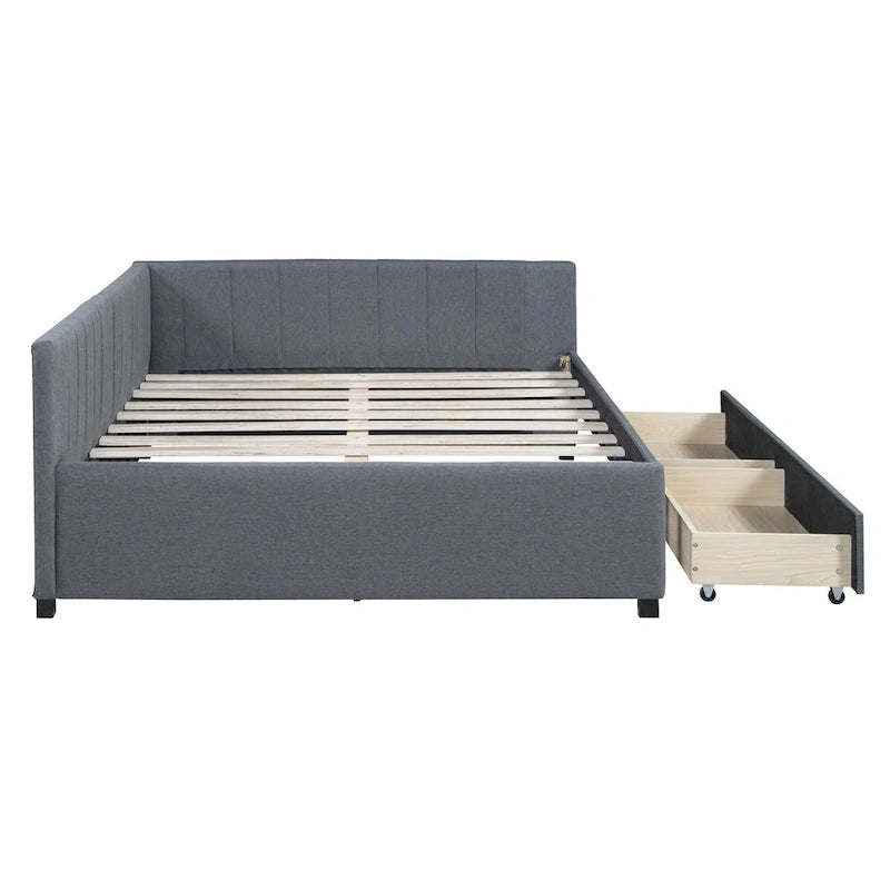 Full Size Upholstered Daybed with 2 Storage Drawers and Wood Slats, Linen Fabric