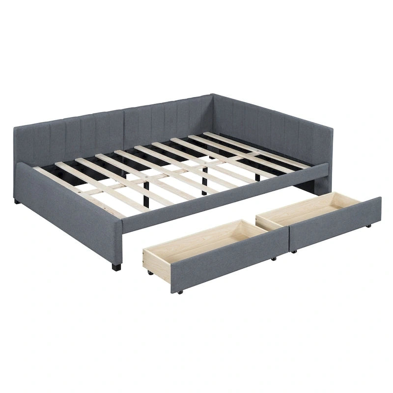 Full Size Upholstered Daybed with 2 Storage Drawers and Wood Slats, Linen Fabric