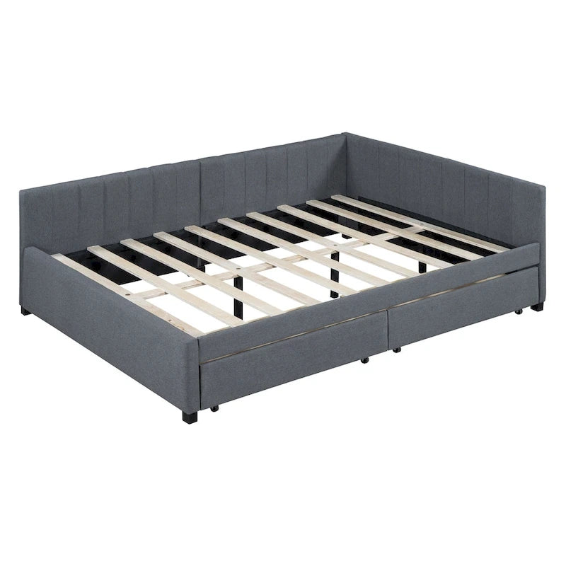 Full Size Upholstered Daybed with 2 Storage Drawers and Wood Slats, Linen Fabric