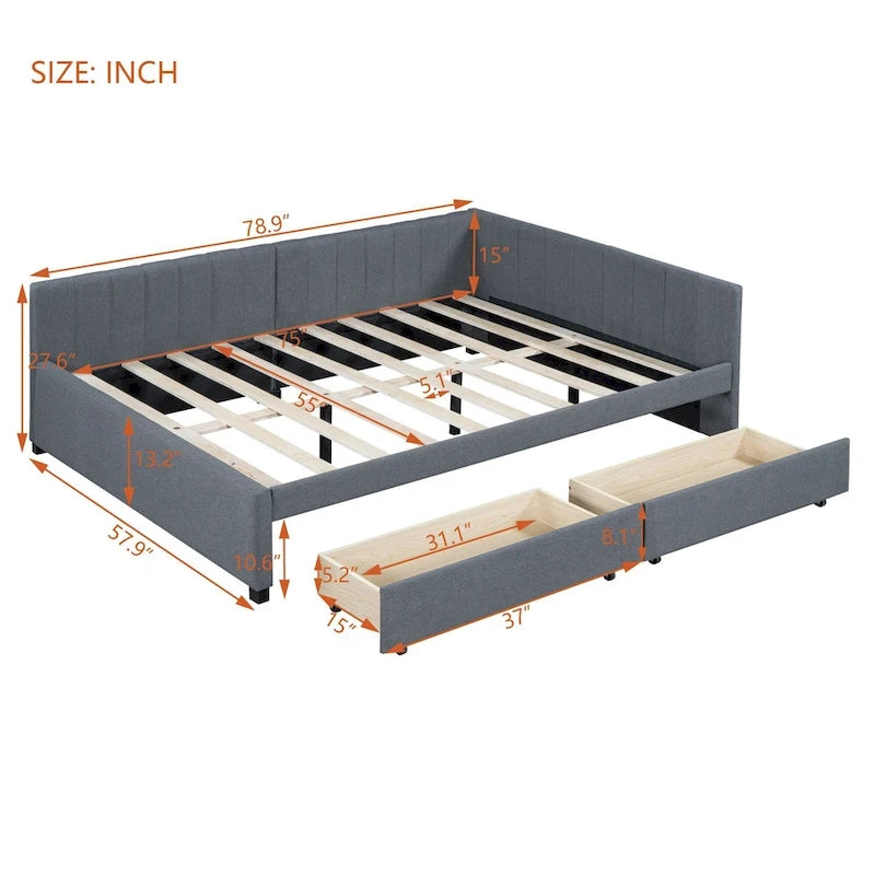 Full Size Upholstered Daybed with 2 Storage Drawers and Wood Slats, Linen Fabric