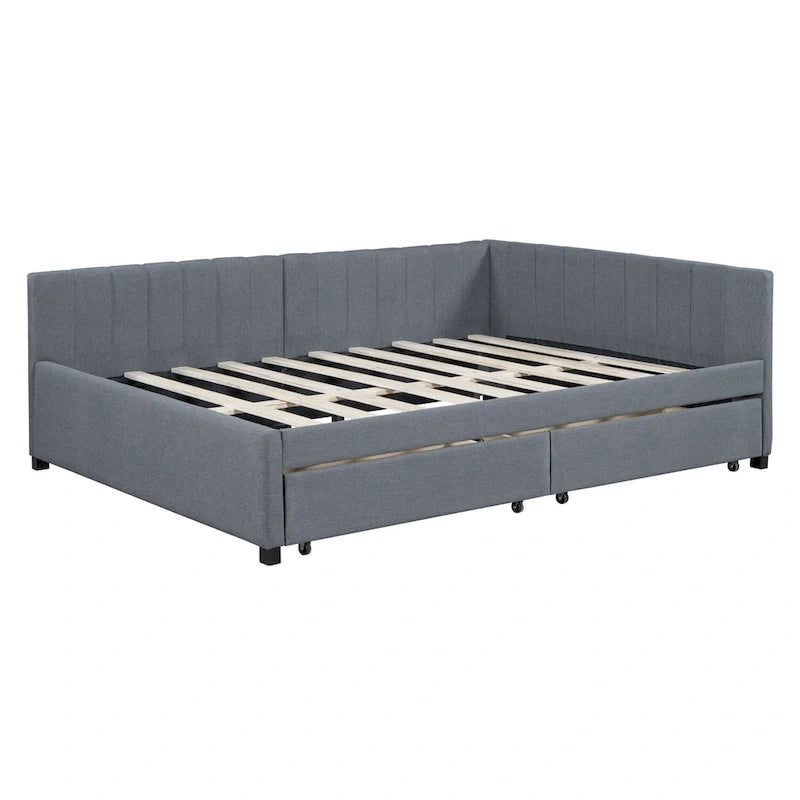 Full Size Upholstered Daybed with 2 Storage Drawers and Wood Slats, Linen Fabric
