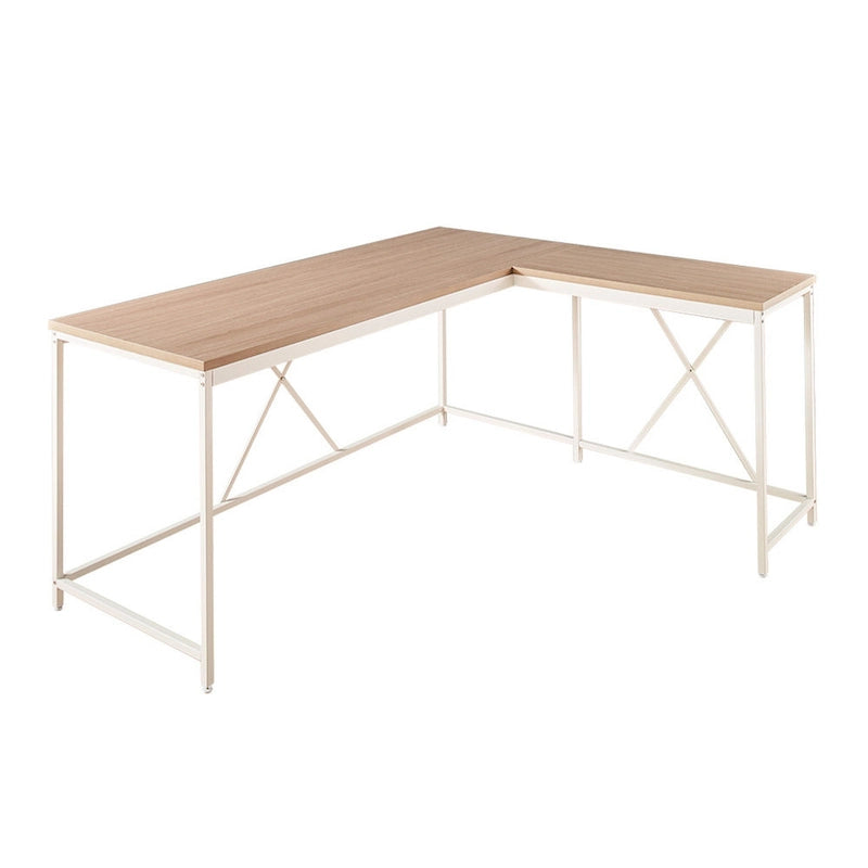 L-Shaped Corner Desk, Oak Wood Top with White Metal X-Frame
