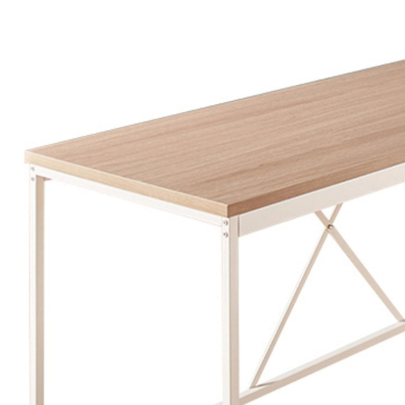 L-Shaped Corner Desk, Oak Wood Top with White Metal X-Frame