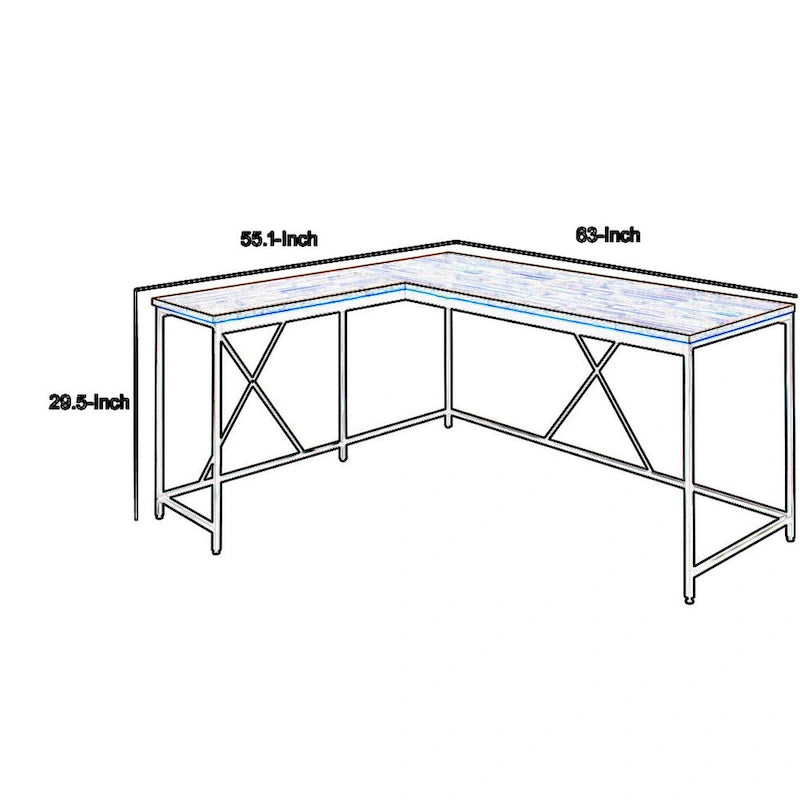 L-Shaped Corner Desk, Oak Wood Top with White Metal X-Frame