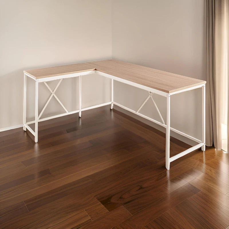 L-Shaped Corner Desk, Oak Wood Top with White Metal X-Frame