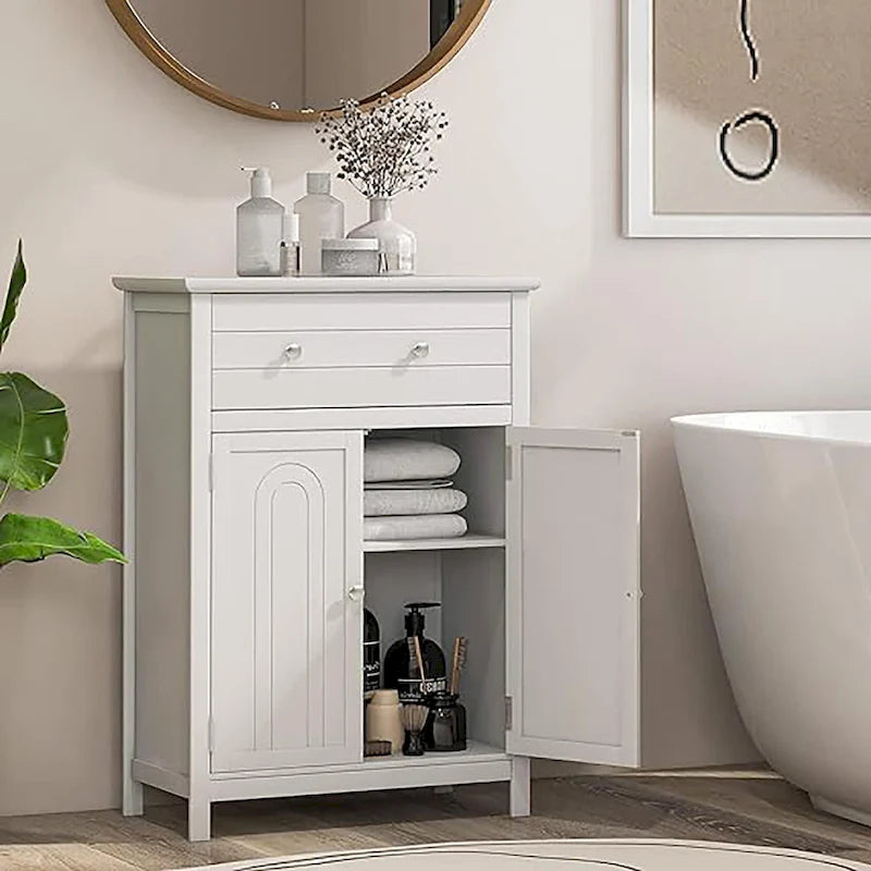 Freestanding Bathroom Storage Cabinet with Drawer and Adjustable Shelf, White