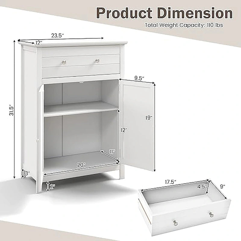 Freestanding Bathroom Storage Cabinet with Drawer and Adjustable Shelf, White