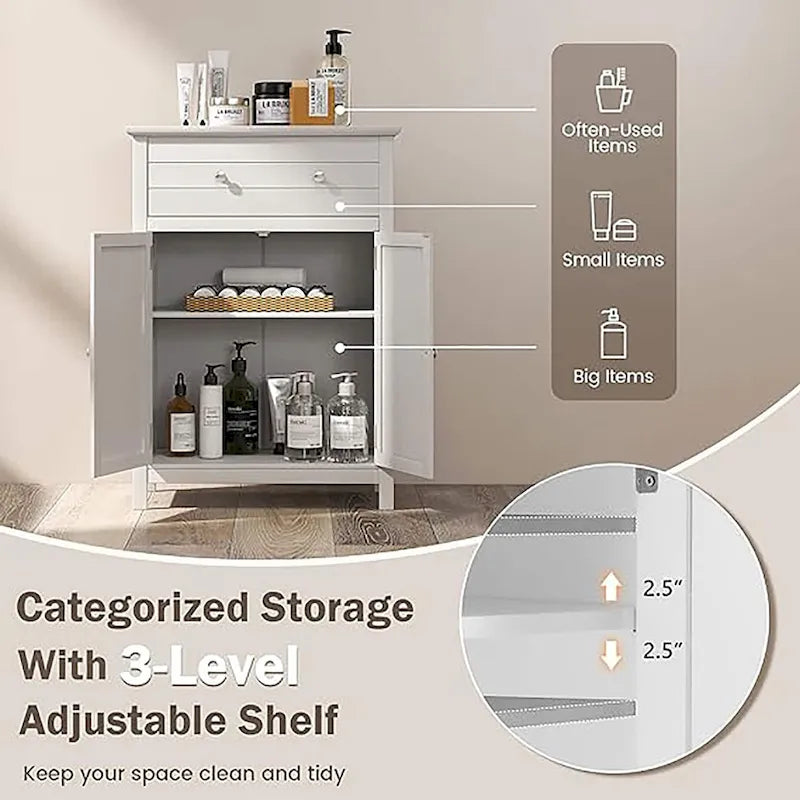 Freestanding Bathroom Storage Cabinet with Drawer and Adjustable Shelf, White