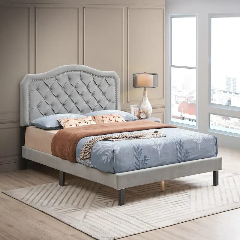 Queen Platform Bed with Button-Tufted Headboard and Wood Slats