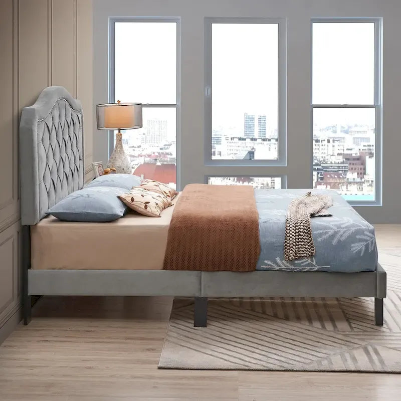 Queen Platform Bed with Button-Tufted Headboard and Wood Slats