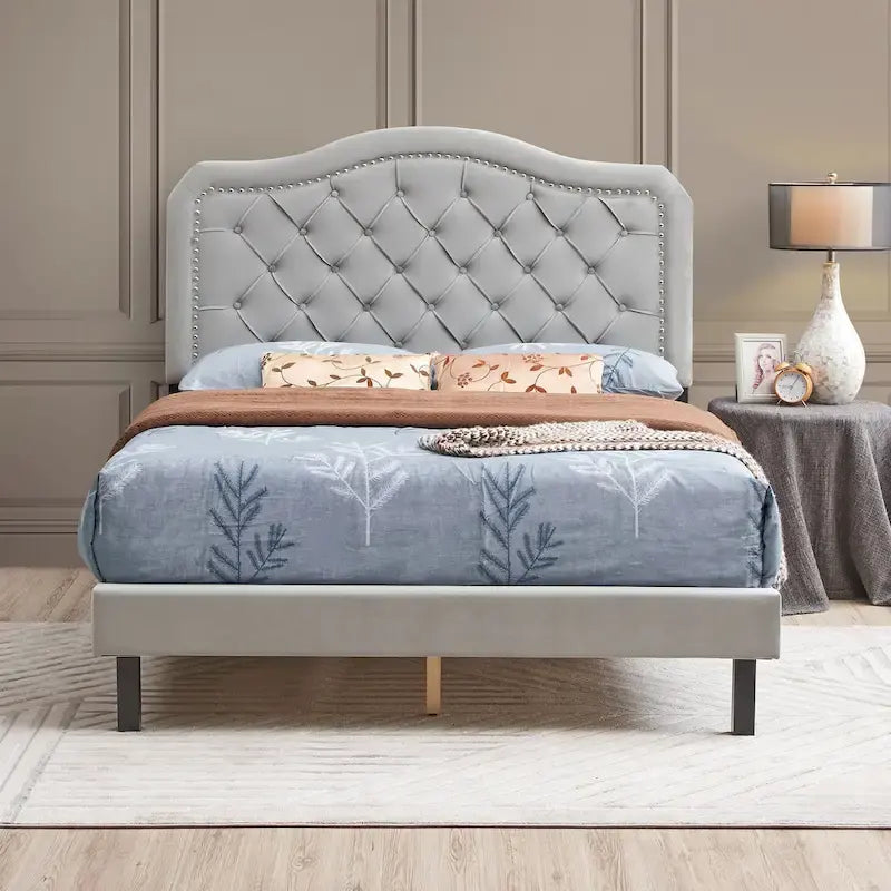 Queen Platform Bed with Button-Tufted Headboard and Wood Slats