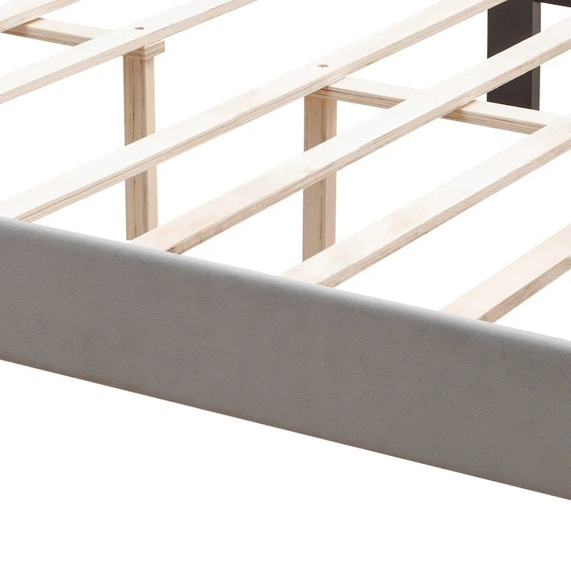 Queen Platform Bed with Button-Tufted Headboard and Wood Slats