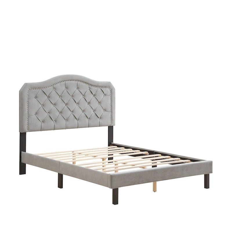 Queen Platform Bed with Button-Tufted Headboard and Wood Slats