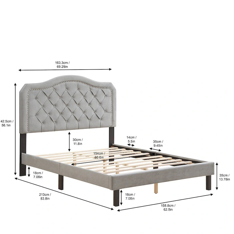 Queen Platform Bed with Button-Tufted Headboard and Wood Slats