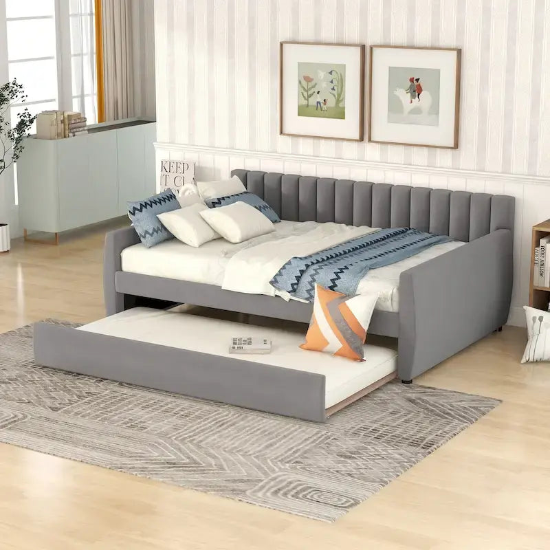 Velvet Daybed with Pull-Out Trundle and Wood Slats, 600 lb Capacity