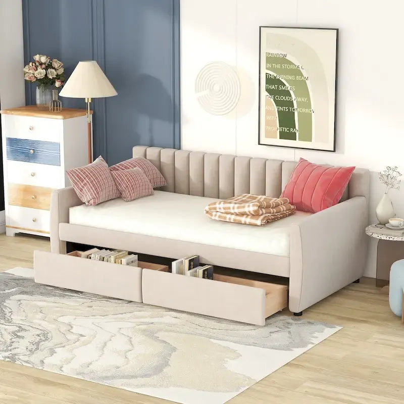 Velvet Daybed with Pull-Out Trundle and Wood Slats, 600 lb Capacity