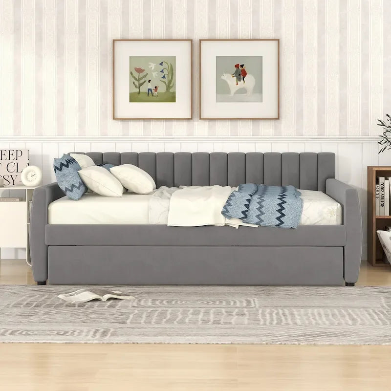 Velvet Daybed with Pull-Out Trundle and Wood Slats, 600 lb Capacity