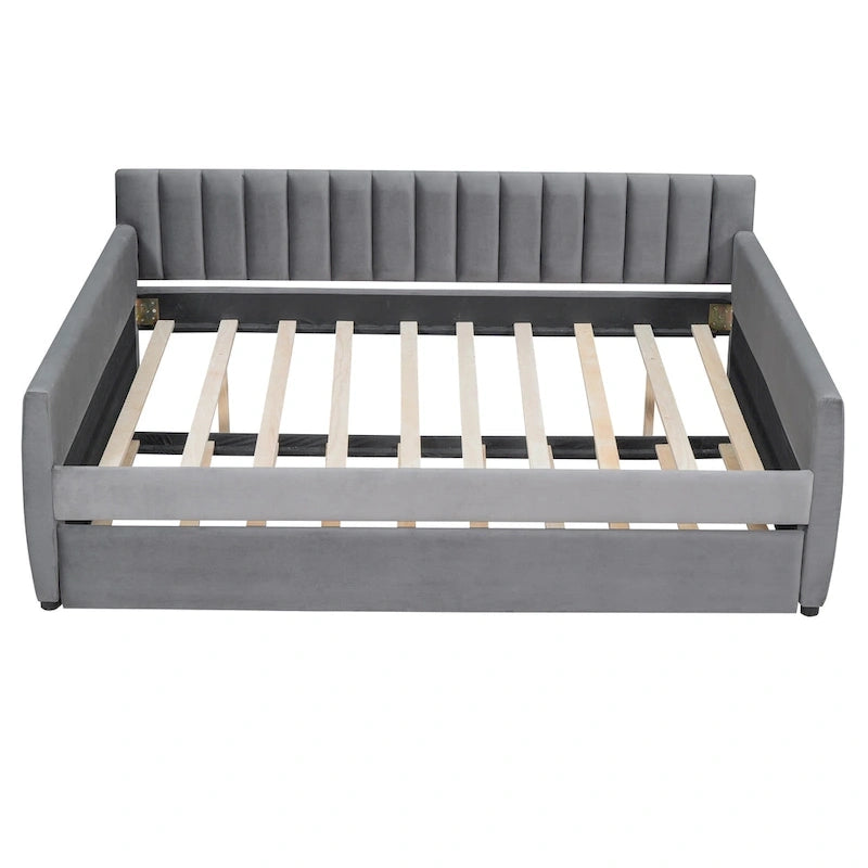 Velvet Daybed with Pull-Out Trundle and Wood Slats, 600 lb Capacity