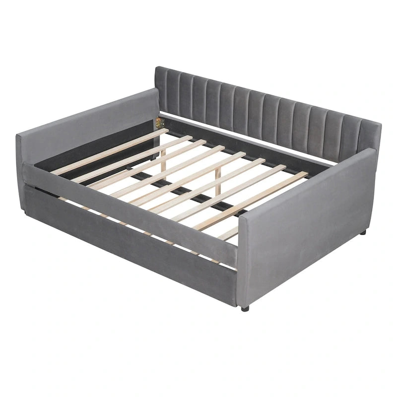 Velvet Daybed with Pull-Out Trundle and Wood Slats, 600 lb Capacity