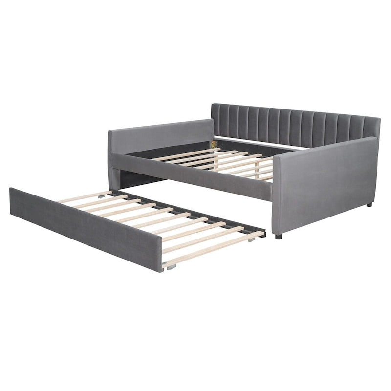 Velvet Daybed with Pull-Out Trundle and Wood Slats, 600 lb Capacity