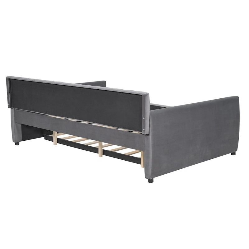 Velvet Daybed with Pull-Out Trundle and Wood Slats, 600 lb Capacity