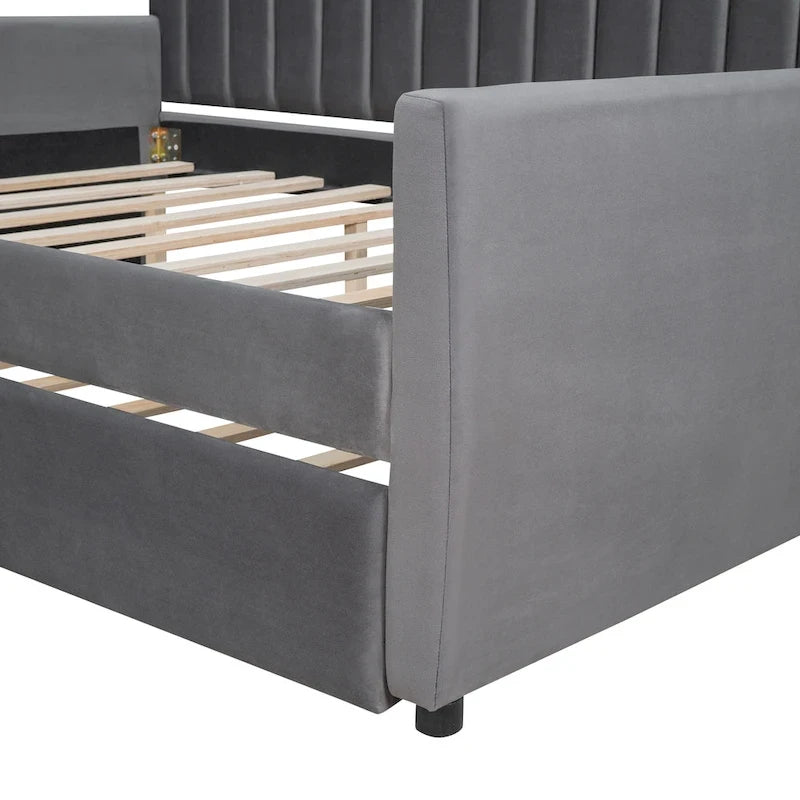 Velvet Daybed with Pull-Out Trundle and Wood Slats, 600 lb Capacity