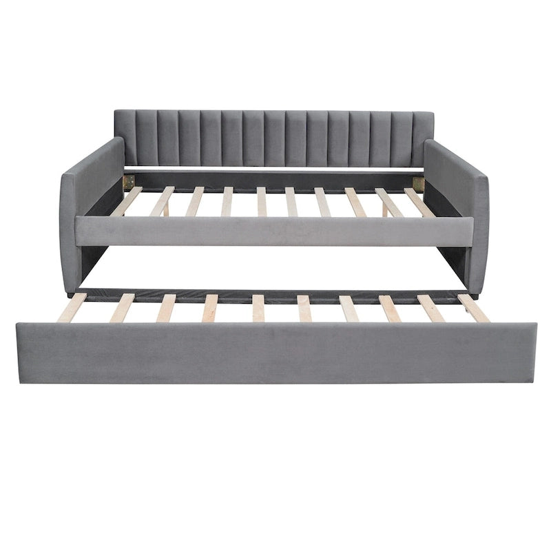 Velvet Daybed with Pull-Out Trundle and Wood Slats, 600 lb Capacity