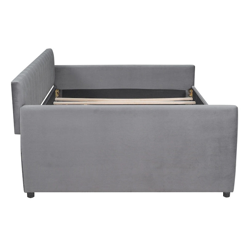 Velvet Daybed with Pull-Out Trundle and Wood Slats, 600 lb Capacity