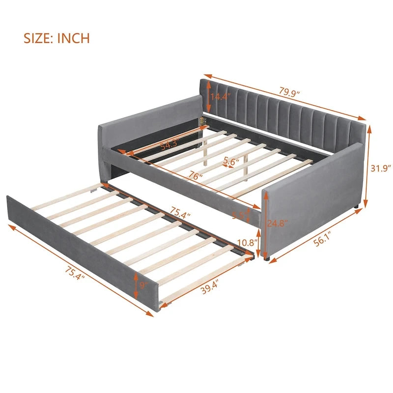 Velvet Daybed with Pull-Out Trundle and Wood Slats, 600 lb Capacity