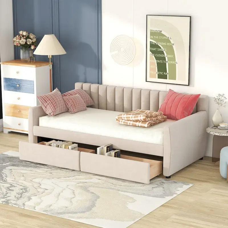 Velvet Daybed with Pull-Out Trundle and Wood Slats, 600 lb Capacity
