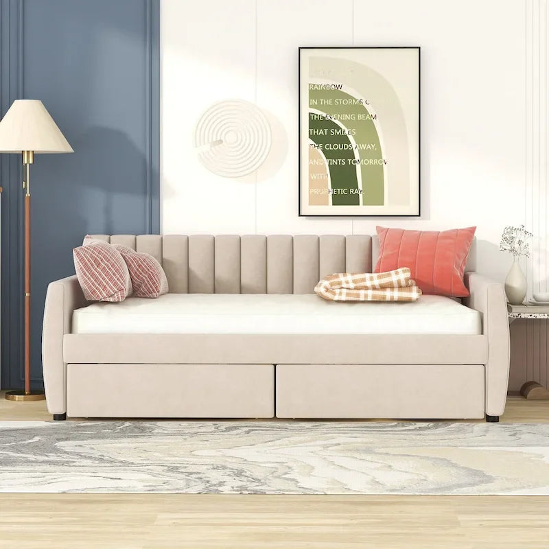 Velvet Daybed with Pull-Out Trundle and Wood Slats, 600 lb Capacity