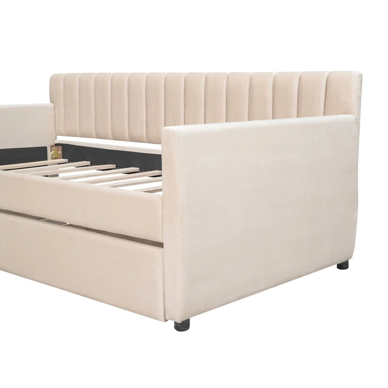 Velvet Daybed with Pull-Out Trundle and Wood Slats, 600 lb Capacity