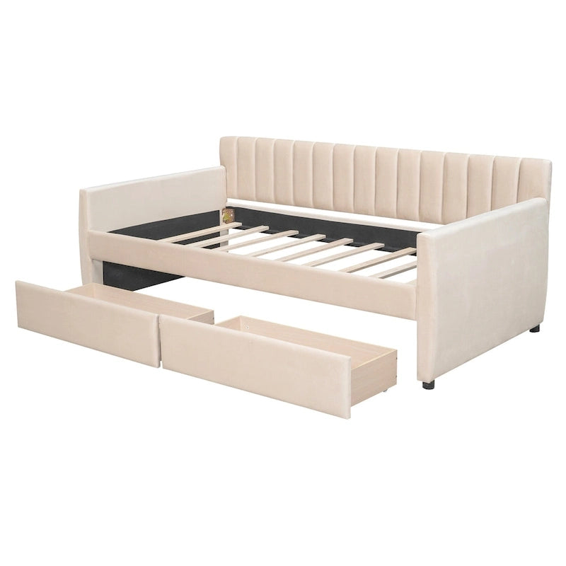Velvet Daybed with Pull-Out Trundle and Wood Slats, 600 lb Capacity