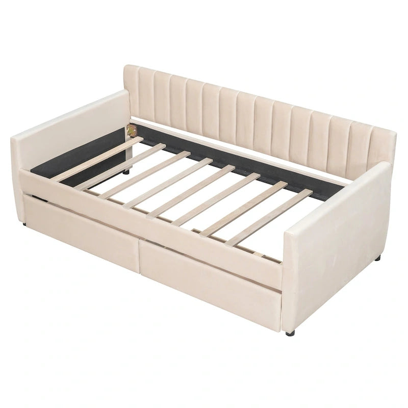 Velvet Daybed with Pull-Out Trundle and Wood Slats, 600 lb Capacity
