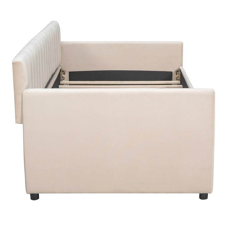 Velvet Daybed with Pull-Out Trundle and Wood Slats, 600 lb Capacity