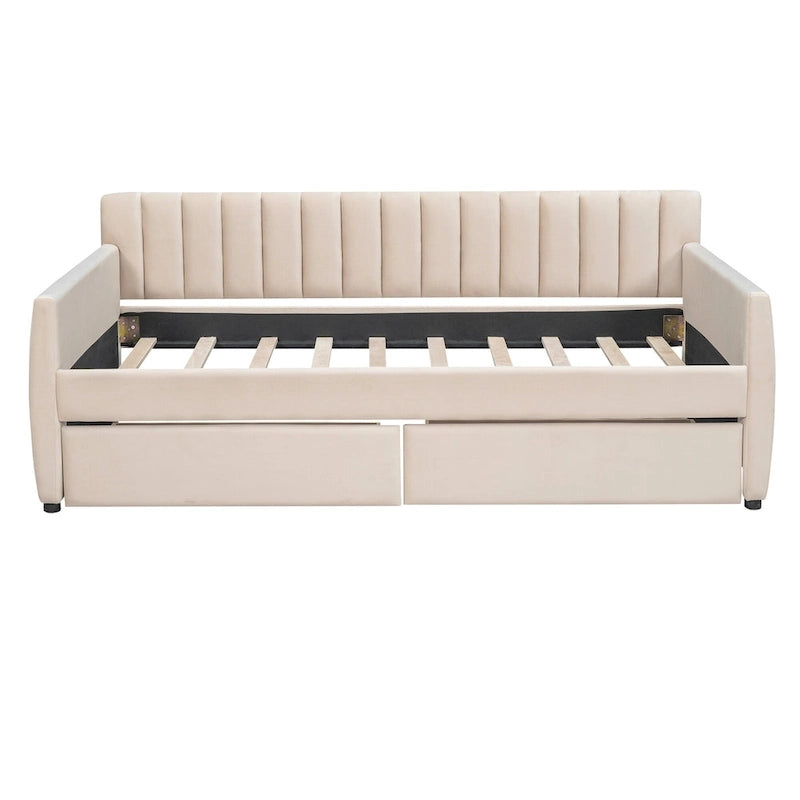 Velvet Daybed with Pull-Out Trundle and Wood Slats, 600 lb Capacity