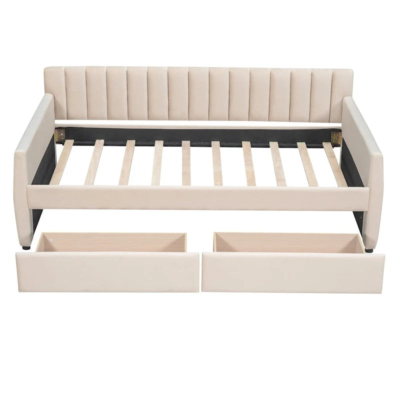 Velvet Daybed with Pull-Out Trundle and Wood Slats, 600 lb Capacity