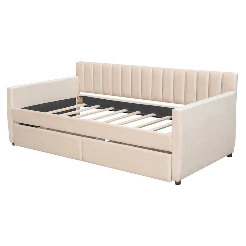 Velvet Daybed with Pull-Out Trundle and Wood Slats, 600 lb Capacity